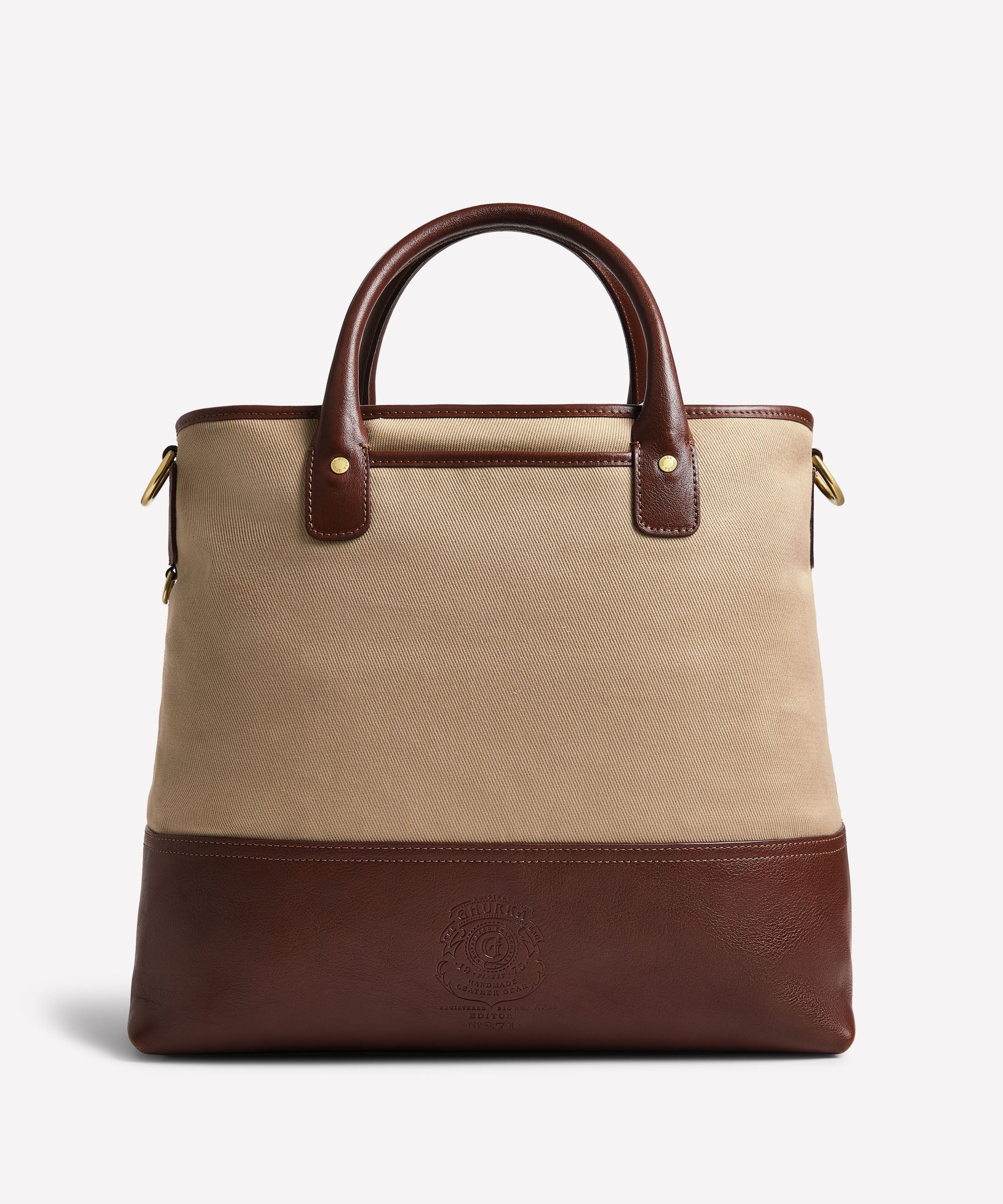 Editor No. 271 | Khaki Twill - Vintage Chestnut Leather Tote – Ghurka
