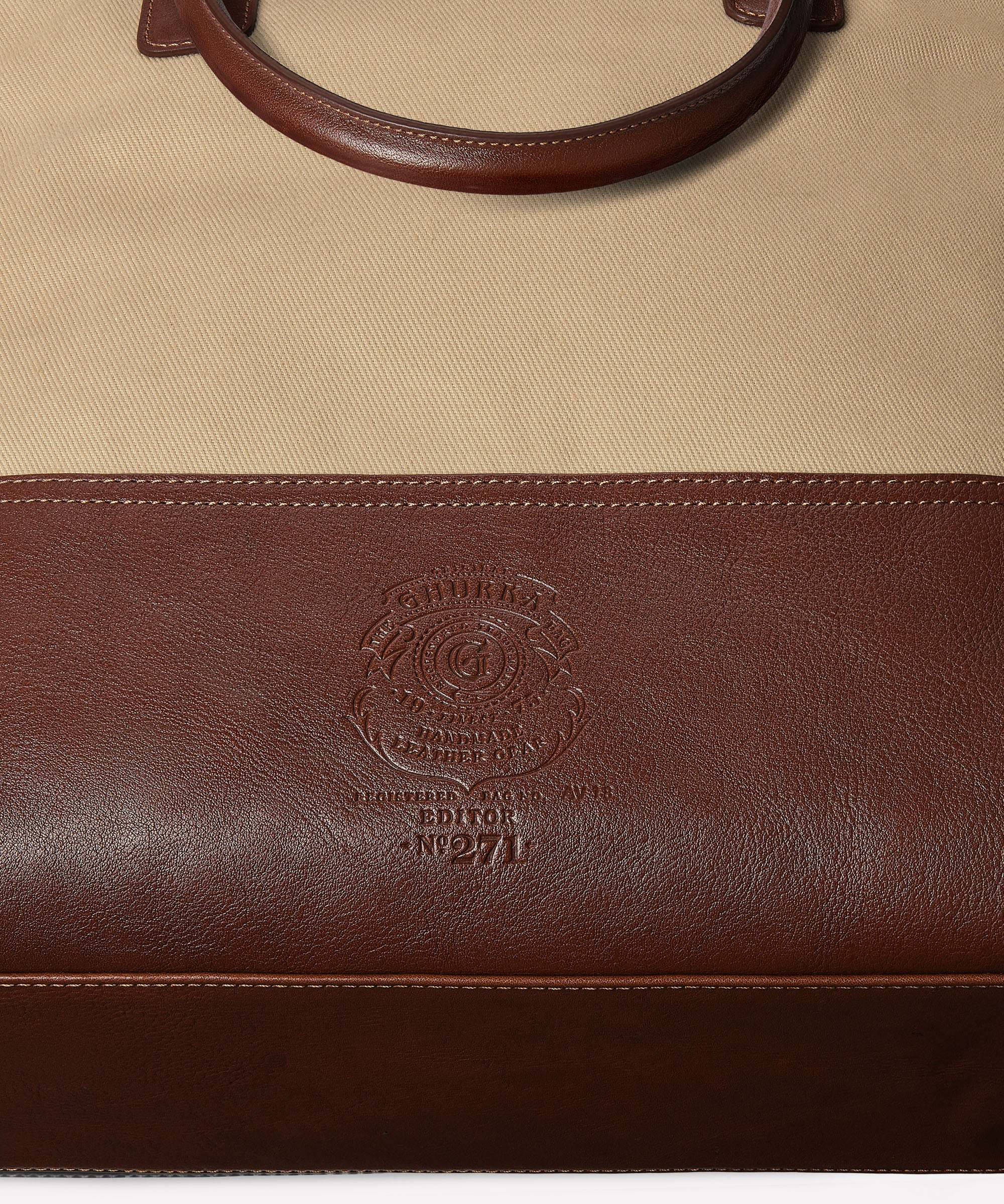 Editor No. 271 | Khaki Twill - Vintage Chestnut Leather Tote – Ghurka